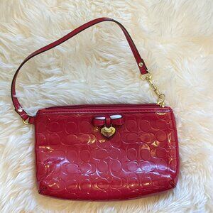 NWT Coach Red Patent Leather Wristlet with Gold Heart & Bow Charm